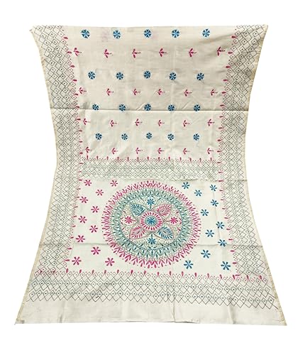Image of SHRISTI CLOTHINGS Women's Hand Embroidered Cotton Silk Kantha Stitch Saree with Blouse Piece (SB4200924 OFFWHITED92)