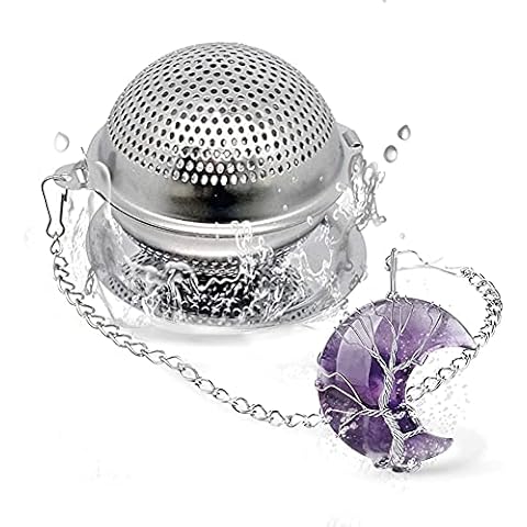 Tea Infuser, Scdom Food Grade 304 Stainless Steel Mesh Tea Ball with Amethyst Tree of Life Tea Strainer, Crescent Moon Pendant Crystal Stone Tea Ball Tea Filter for Loose Tea Leaves Spices Seasonings Cover