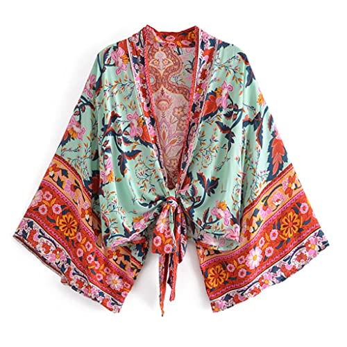 Kimono corto floral para mujer blusa casual de verano con escote en V y manga murciélago