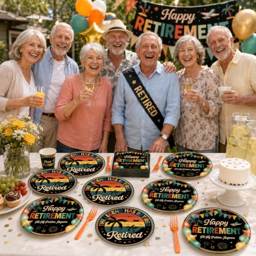 Image of Qyeahkj 100 Pcs Retirement Party Plates and Napkins Set Happy Retired Birthday Party Decorations Supplies Paper Dessert Tableware Vintage Farewell Themed Favors for Birthday Decorations Serves 25