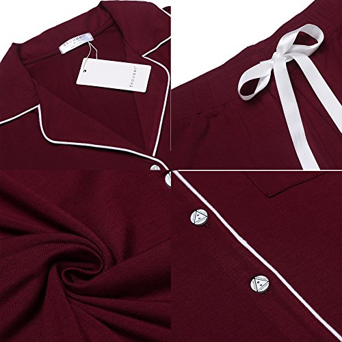 Ekouaer Women's Long Sleeve Pajama Set Classic Button Up Sleepwear Set (Wine Red,L)