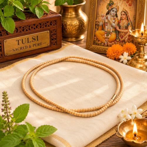 Image of Original Tulsi Mala Necklace for Men & Women | Pure Tulasi Kanthi Mala | Holy Basil Wooden Neck Chain for Meditation, Hare Krishna Devotees, Japa, Puja & Daily Spiritual Wear (Brown, Small Beads, 32, Inches)