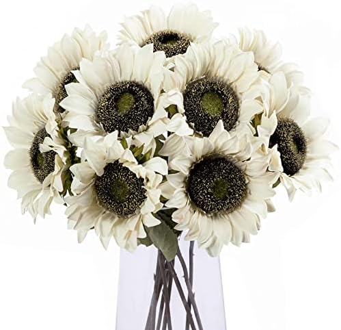 Hawesome White Sunflowers Artificial Flowers 7 Pcs Faux Silk Sunflowers Bouquet Fake Real Touch Long Stems Floral for Wedding Party Centerpieces Home Decoration(Autumn White)