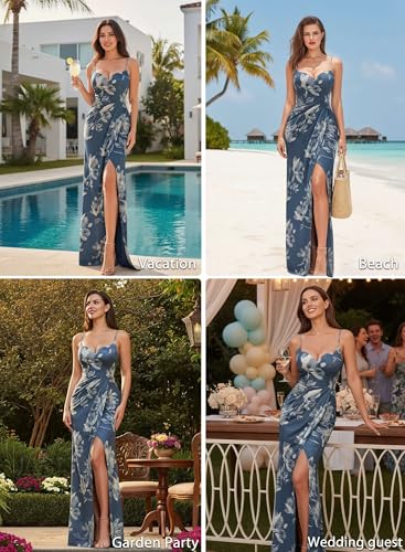 Image of VFSHOW Womens Sexy Formal Ruched Fitted High Slit Bodycon Maxi Dress Spaghetti Strap Sweetheart Cocktail Prom Evening Gown