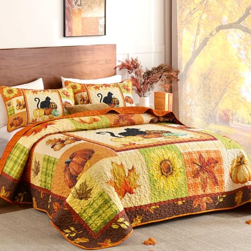 Yiran Happy Thanksgiving Fall Harvest Quilt Set King Size, Pumpkin Maple Leaves Print Bedspreads, 3 Pieces Orange Farmhouse Coverlet, Soft Microfiber Quilt Bedding Set 106x90 Inch