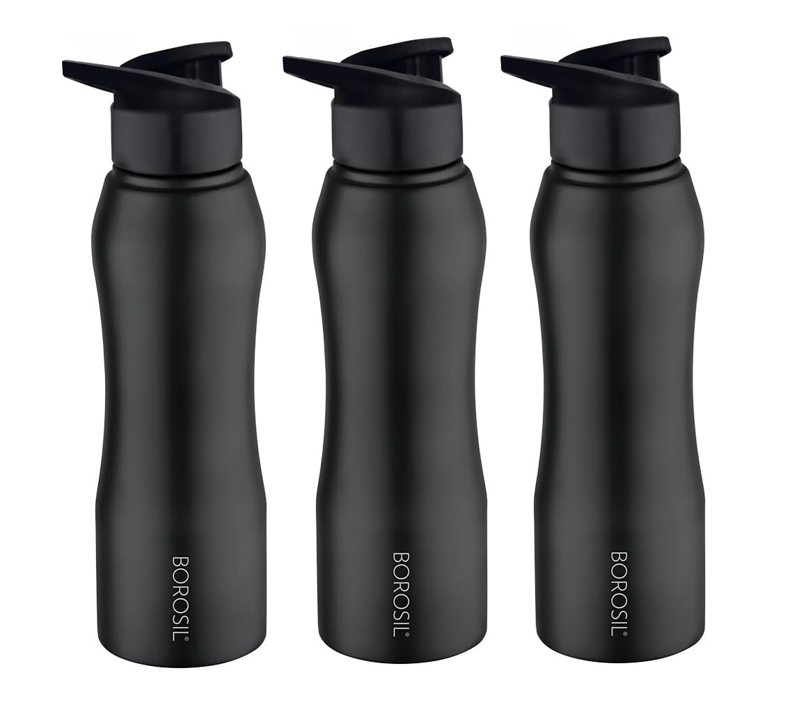Borosil Hydra Grip-n-Sip Stainless Steel 750 ml Water Bottle | Single Wall, Leakproof, BPA Free| Bottle for Office, School, College & Gym | Black (Pack of 3)