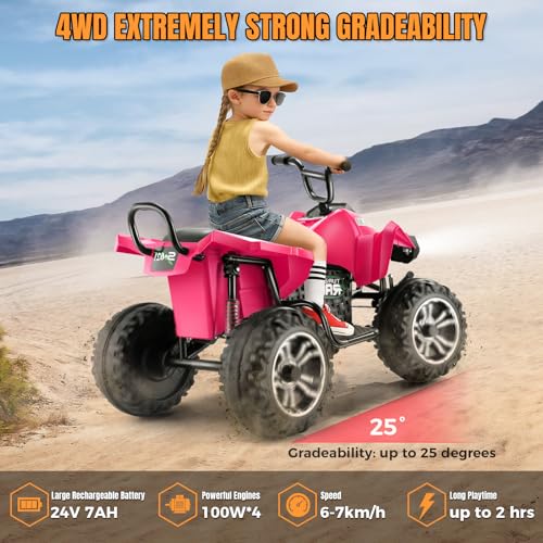 Image of Hikole XL 24V ATV, 4 Wheelers for Kids Ages 6-14, 2 Seater, Rosy | Iron Frame, 4x100w Power Wheels, 24''Spacious Seat, Spring Suspension, Music, LED Lights