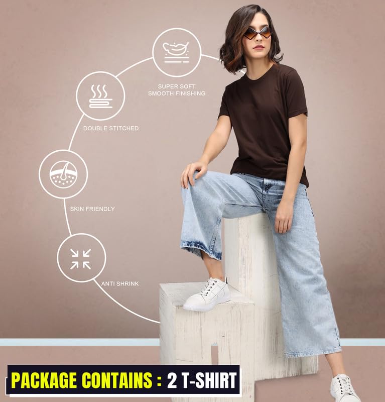 Image of Sleepynuts Women's S to 3XL Premium Half Sleeve Round Neck Plain Combed Cotton Tshirt Pack of 3 Loose Fit T-Shirts Combo