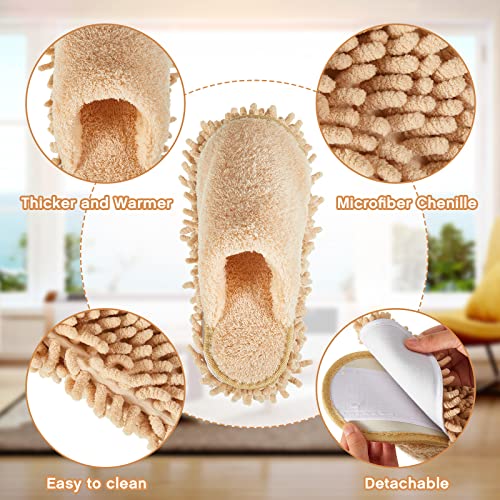 Gerrii 4 Pair Microfiber Cleaning Mop Slippers - Detachable Washable House Mop Slippers for Men and Women, Ideal for Kitchen Floor Dust Cleaning, Includes Blue, Gray, Pink, Beige(Large)3