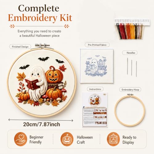 Image of YOUDRN Halloween Ghost Reading Book Embroidery Kit for Beginners Adults | DIY Halloween Embroidery Kits, Ghost, Fall Pumpkin, Maple Pattern, Cotton Threads, Needles, Instruction, 20 cm Hoop