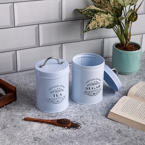 Image of Metallure Home Round Classic Tea Sugar Container Set of 2 | Metal Container for Kitchen Storage | Airtight Jar Set | Food-Safe Tea & Sugar Jars for Kitchen (White)