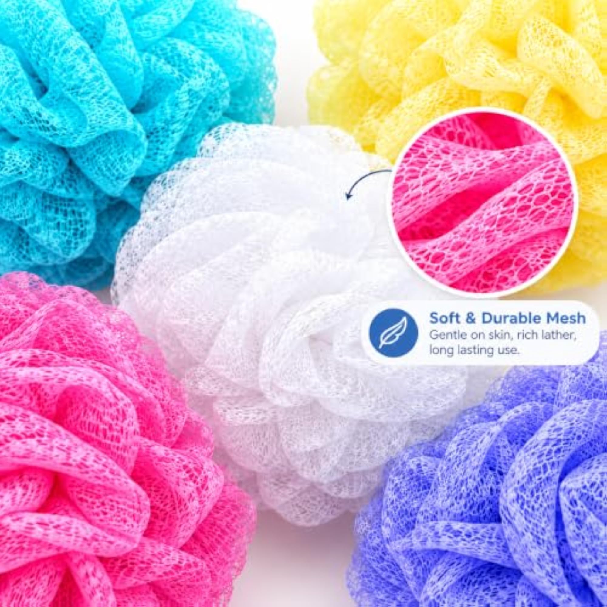 Luxury 5 Pcs Multicolor Bath Loofah Set, Soft Mesh Scrubber
