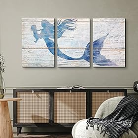 wall26 Canvas Print Wall Art Set Blue Watercolor Mermaid & Baby on Wood Panels Fantasy & Sci-Fi Wildlife Woodblock… 51r7aUBdtGS. SS280