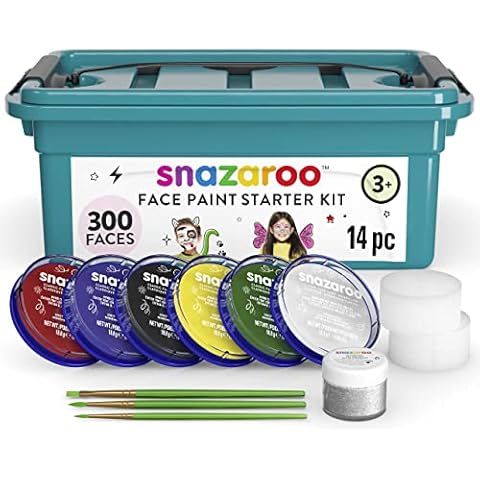 Snazaroo Face Paint Mini Starter Kit for Kids and Adults, 14 Pieces, 6 Colours, 1 Glitter Gel, Brushes, Sponges, Guide, Water Based, Easily Washable, Non-Toxic, Makeup, Body Painting Cover