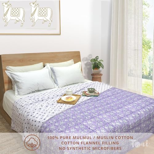 Image of TOAIArt Premium Jaipuri Dohar | AC Blanket Summer Quilt | Hand Block Printed | 3 Layers | Reversible | 150GSM 100% Mulmul Cotton | 100% Cotton Flannel Filling | King 108 inch X 90 inch |Lavender Kalamkari