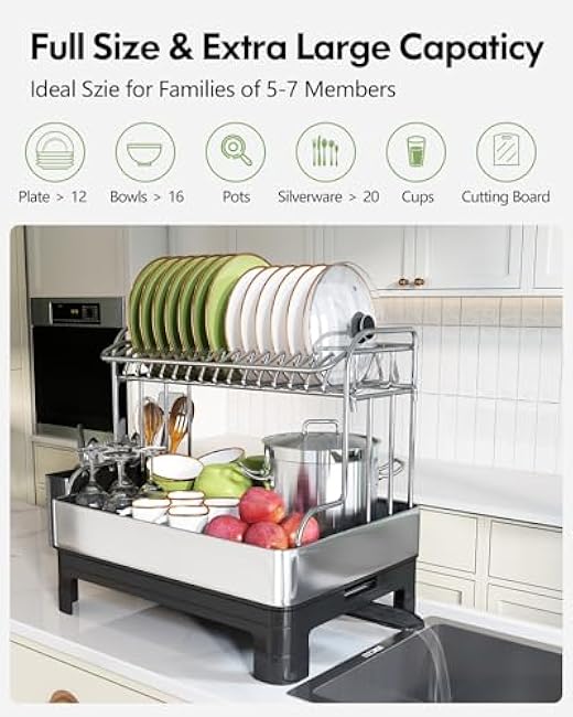 BOOSINY Extra Large Stainless Steel Dish Drying Rack, 2 Tier Dish Racks for Kitchen Counter, Dish Drainer with Drainboard Set, Full Size Dish Dryer Rack with Utensil Holder, Black