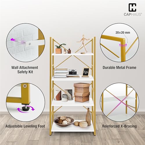 Image of CAPHAUS 4 Tier Bookshelf, 24 Inch Width Free Standing Shelf, Bookcase Shelf Storage Organizer, Industrial Book Shelves for Home Office, Living Room, Kitchen, White Wooden Shelves & Gold Frame