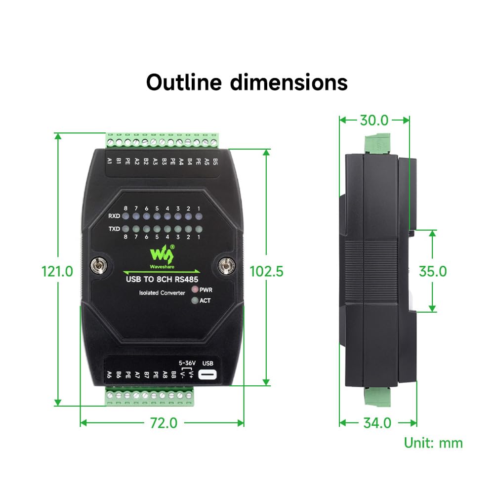 Waveshare USB to 8CH RS485 Industrial Grade Isolated Converter, USB to RS485 Adapter, Multiple Protection Circuits, Wall-Mount and Rail-Mount Support, Multi-OS Compatible
