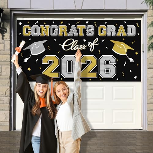 Image of 2026 Graduation Party Plastic Backdrop - 65 inch x 32.7 inch Congrats Grad Banner in Black, Large Class of 2026 Decorations, Photography & Grad Party Supplies