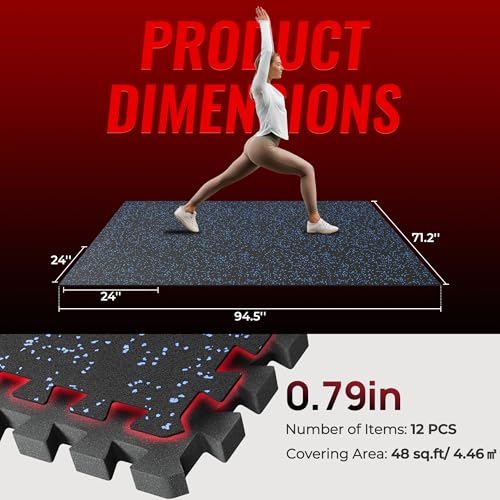 Image of SUPERJARE 0.79'' Extra-Thick Exercise Equipment Mats, 12 Pcs 48 Sq Ft Rubber Top Floor Tiles with High Density EVA Foam, Interlocking Gym Flooring for Home Gym, Workout Mat, Black /Blue