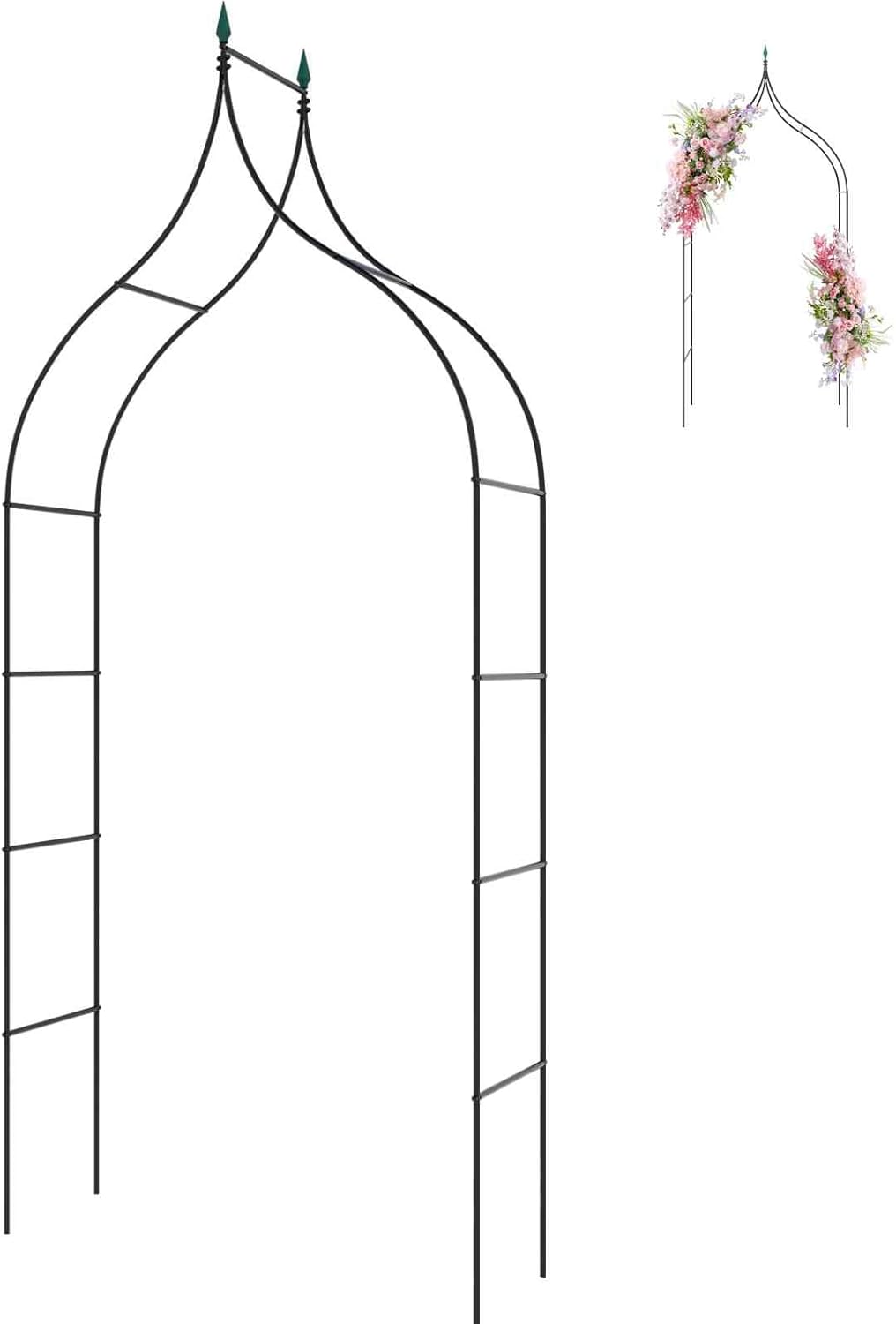 TANGZON Metal Garden Arch, Gothic Style Roses Vines Climbing Plants Support Archway, Indoor Outdoor Heavy Duty Tubular Arbour Trellis for Backyard Patio Wedding Decorations (Black, 125 x 38 x 287 cm)