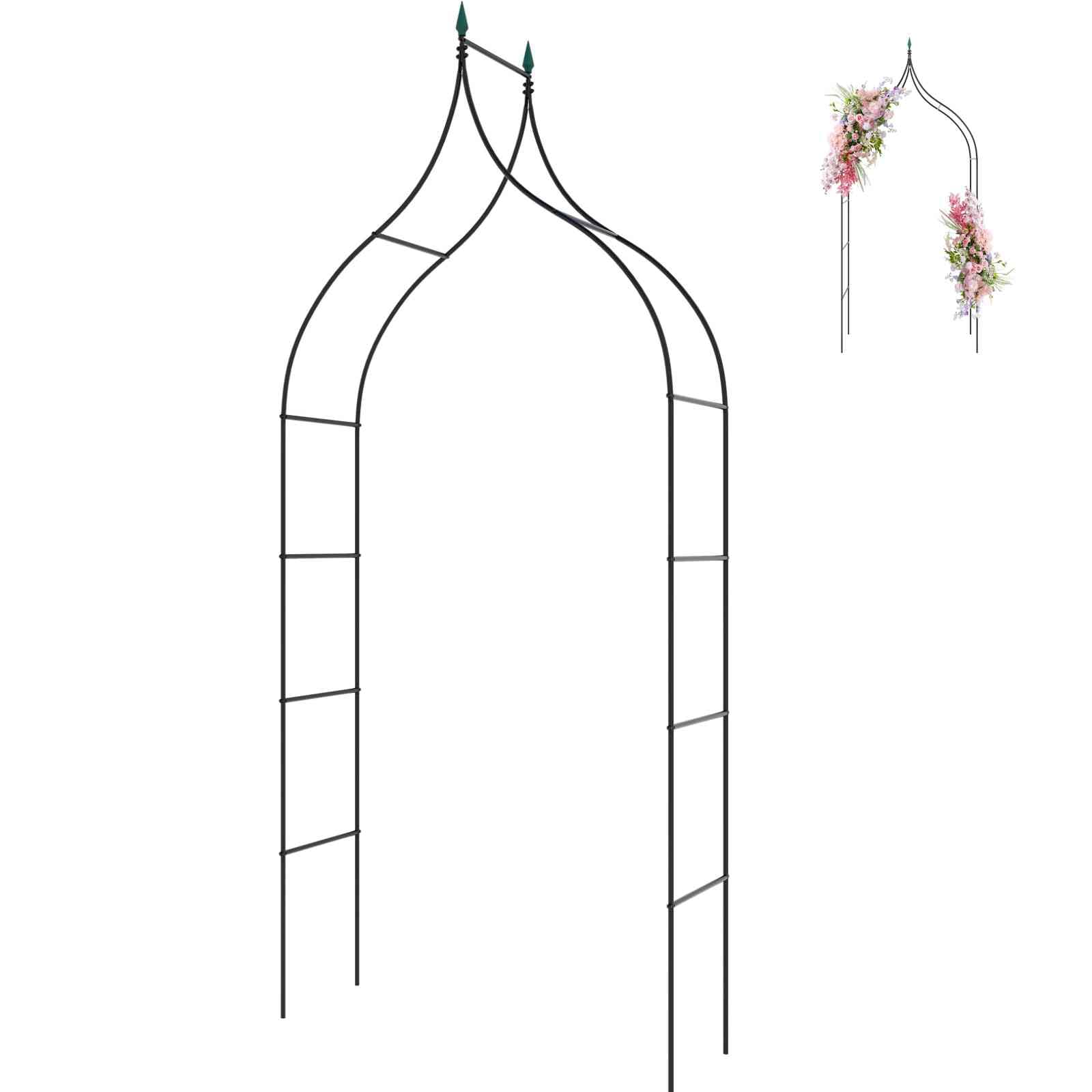 Metal Garden Arch, Gothic Style Roses Vines Climbing Plants Support Archway, Indoor Outdoor Heavy Duty Tubular Arbour Trellis for Backyard Patio Wedding Decorations (Black, 125 x 38 x 287 cm)