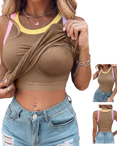 Image of CHICME Womens Sleeveless Ribbed Built in Bra Tank Tops