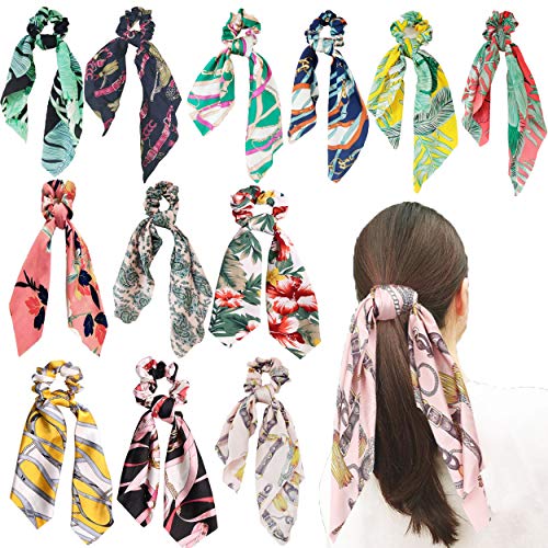 12Pcs Hair Scrunchies Scarf Satin Silk Elastic Hair Bands Hair Scarf Ponytail Holder Scrunchy Ties Vintage Accessories for Women Girls