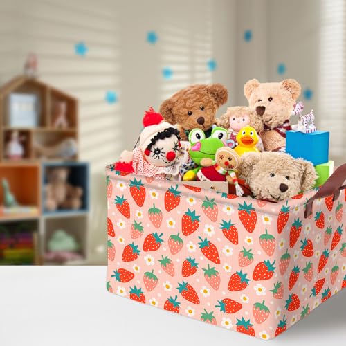 Image of Strawberry Storage Basket Waterproof Canvas Toy Storage Bin Strawberry Shortcake Room Decor Collapsible Outdoor Basket with Leather Handles Blanket Baskets For Closets,Bedrooms,Gifts Baskets