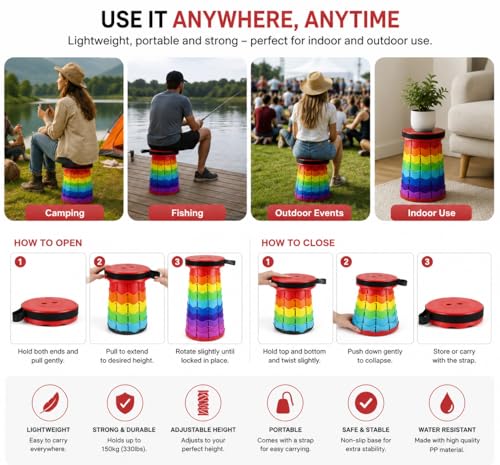 Image of Collapsible Stool, Rainbow Multicolour, Portable Folding Seat with Carry Strap, for Camping, Outdoor Use