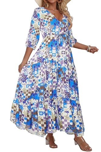 Image of Women Short Sleeve V Neck Floral Print Casual Bohemian Maxi Dresses