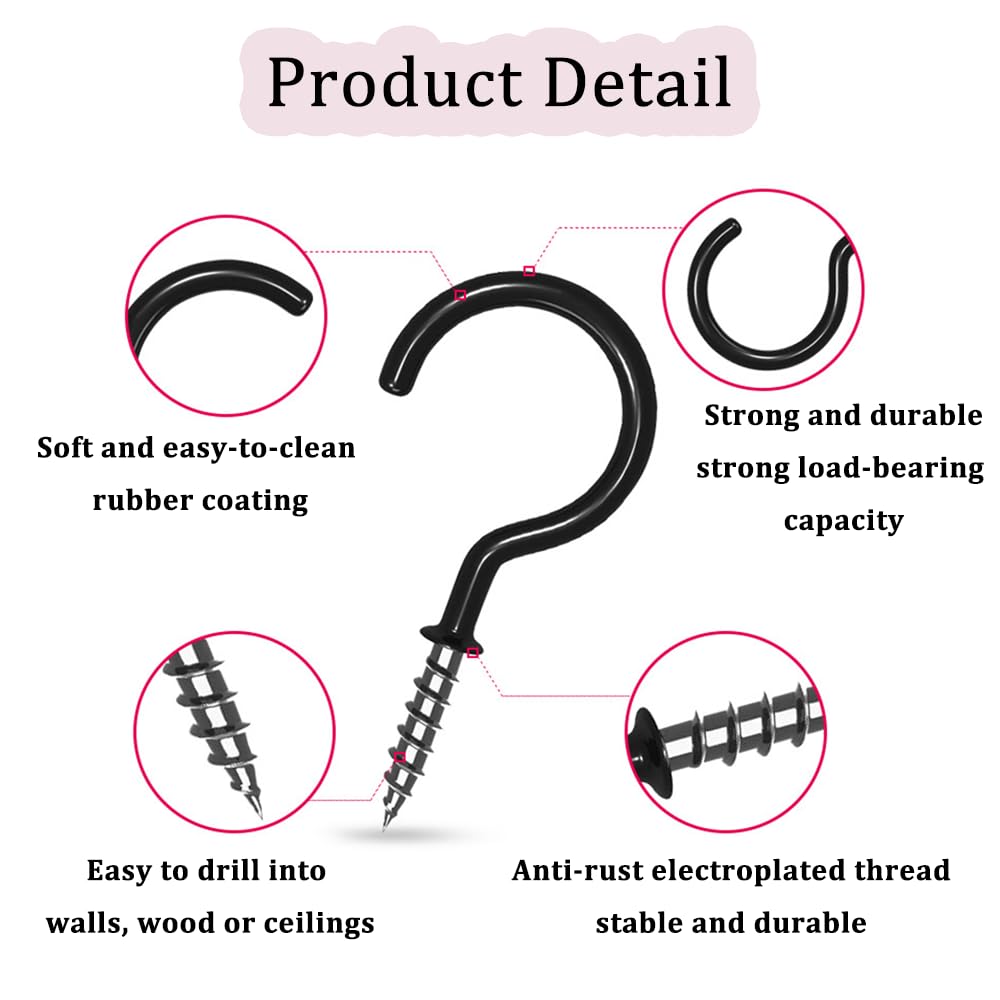 16 Pezzi Ganci a Tazza - Nero Ganci per Soffitto in Metallo Gancio a Vite Rivestito in Plastica Ganci Avvitabili Ganci per Appendere Tazza Piante Luci - 2.9 Inch