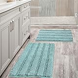 Non Slip Thick Shaggy Chenille Bathroom Rugs, Bath Mats for Bathroom Extra Soft and Absorbent - Striped Bath Rugs Set for Indoor/Kitchen (Set of 2 - 20' x 32'/17' x 24') Eggshell Blue