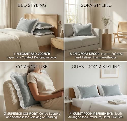 Image of VAS COLLECTIONS Cotton Pillow Covers Set of 4 (18x28 Inch) Rectangular Throw Pillow Cases with Frill Border, Envelope Closure Cushion Covers for Living Room, Bedroom & Diwan (Slate Grey)