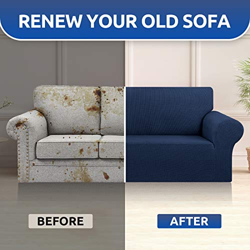 KEKUOU Stretch Oversized Sofa Slipcover 1 Piece Couch Sofa Cover (94"-110") Furniture Protector 4 Seater Sofa with Elastic Bottom for Kids,Pet.Jacquard Checked Pattern Fabric(X Large,Navy Blue)