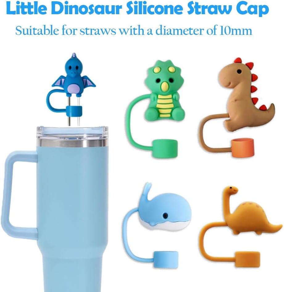 8 Pack Animal Straw Cover Cap for Stanley Cup 30&40 Oz Tumbler, Silicone Straw Topper Protector Lid in Various Shapes, Reusable Cute Dinosaurs Covers for 0.4 Inch/10 mm Straws - Image 2