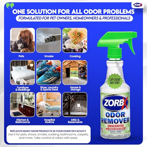 Image of ZORBX Unscented Odor Eliminator for Strong Odor 16 Fl Oz - Used in Hospitals & Healthcare Facilities - Advanced Trusted Formula, Fast-Acting Odor Remover Spray for Dog, Cat, House & Carpet | Permanent Odor Remover for Pet & Human Urine, Smoke & Strong Odors, Carpet, Upholstery, Mattress, Bathroom, Car & More
