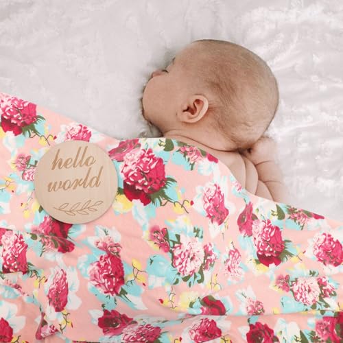 Image of DRESHOW BQUBO Baby Girl Newborn Floral Receiving Blankets with Bow Hat Headband Wooden Birth Announcement Card Set Newborn Baby Swaddling Hats Swaddle Blanket Toddler Warm Shower Gift