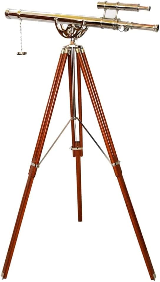 Náutico Vintage Estilo Marino Diseño Doble Barril CromoNíquel Telescopio Y Marrón Antiguo Latón Piso De Pie Trípode Telescopio - Navirock