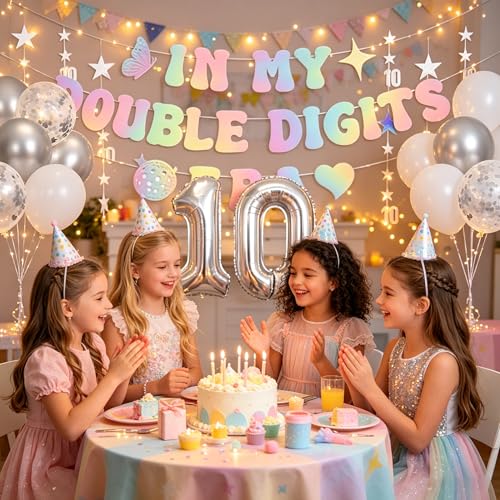 Image of 10th Birthday Decorations Silver, In My Double Digits Era Banner, Happy 10th Birthday Decorations for Girls Boys Double Digits Party Supplies Silver Number 10 Balloon Butterfly 10 Party