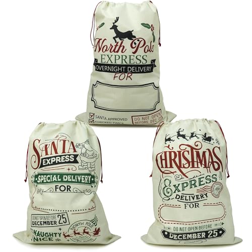 CosInStyle 3 PCS Large Santa Sack Christmas Bags with Drawstring 27.5x19.5 Inch Reusable Canvas Storage for Holiday Gifts and Party Favors (StyleC-3PCS)