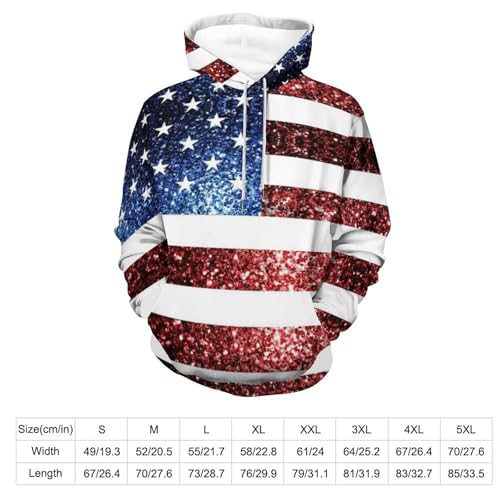 U.S. Flag Red Blue Sparkles Glitters Hoodies for Men 3D Print Pullover Hooded Drawstring Loose Sweatshirt with Big Pockets2