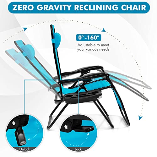Image of GIANTEX 2 PCS Zero Gravity Chair, Outdoor Chaise Lounge with Cup Holder, Patio Folding Chairs Recliner for Yard Pool Lawn Balcony, Blue