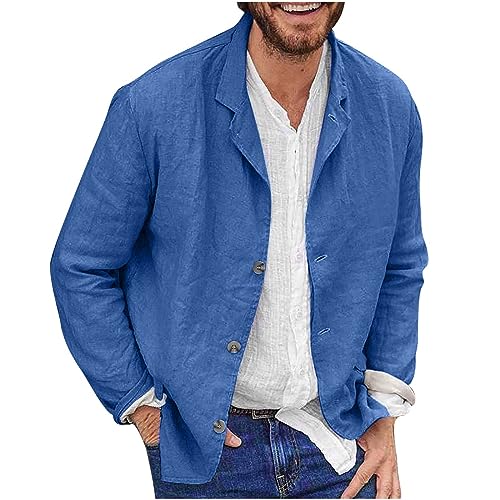 Men's Cotton Linen Blazer Jackets Lightweight Casual Long Sleeve Tailored Cardigan Coats Single-Breasted Suit Outwear