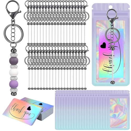 Image of 42 /84 /126 Pcs Beadable Keychain Bars Bulk Blank DIY Beaded Keychain Making Supplies with Bag Thank You Card