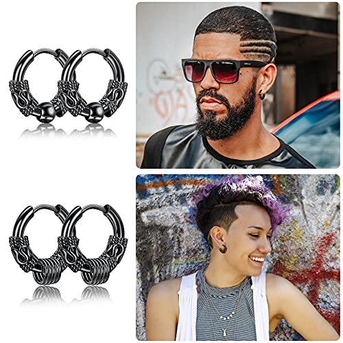Sailimue 8Pairs Surgical Stainless Steel Huggie Hoop Earrings For Men Women Hypoallergenic Punk Hip Hop Cool Goth Earrings Black Silver Vintage Feather Drop Dangle Earrings Set Black #TOP2