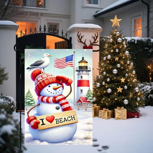 Image of BlissYard Garden Flag Snowman Beach Seagull Winter 12x18 Inch Polyester