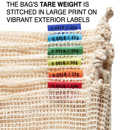 Reusable Produce Bags + Bulk Food Bags + String Bag, 7-Pack - Assorted Sizes, Organic Cotton Materials (Mesh, Muslin, Net), Tare Weight Label, Washable, Drawstrings, Zero Waste Shopping Kit, Green #TOP4
