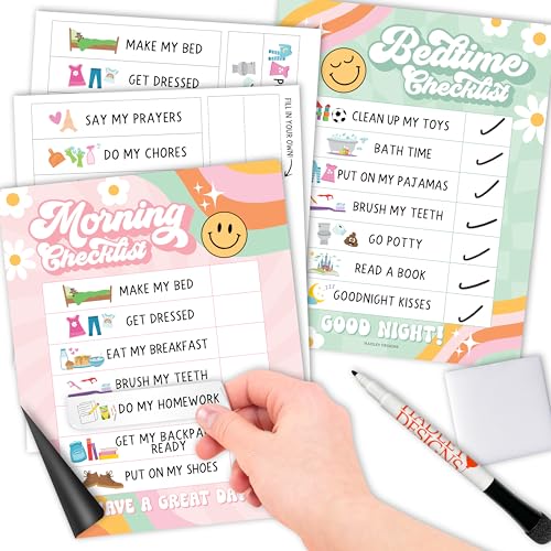 Image of Magnetic Morning & Bedtime Routine Chart for Kids - Customizable Toddler Daily Schedule Board with Dry Erase Surface, Stickers & Marker, Build Habits with Visual Checklists, Retro Theme