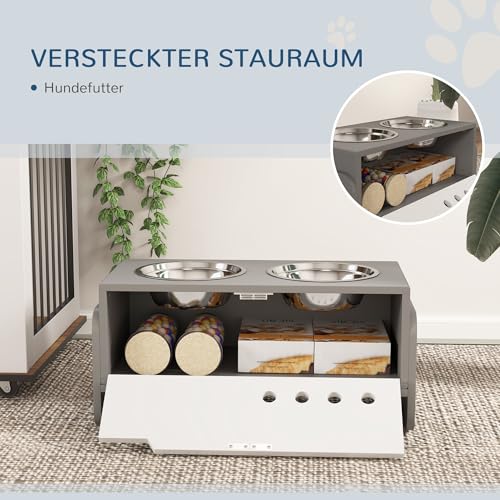 PawHut Erhöhter Hundenapf Höhenverstellbar Futternapf mit Stauraum Wassernapf 2 x 2000ml Edelstahlnäpfen Langsamfutternapf verstellbar Fressnapf Futterstation für Große Hunde Katzen Grau